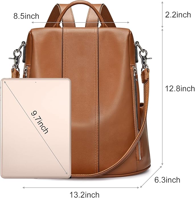 S-ZONE Leather Backpack Purses for Women Antitheft Rucksack Shoulder Bag Medium | Genuine Leather, Medium Fits 9.7-inch Tablet, for Work Travel Daily Commute, Multi Pockets, Adjustable Dual Straps - Image 4