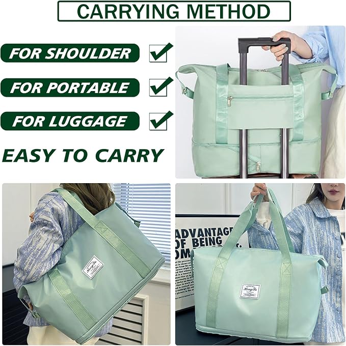 INVODA Travel Duffel Bag For Women and Men Waterproof Expandable Weekender Overnight Carry On Tote Bag Dry Wet Separation Swim Sports Gym Bag (Green) - Image 4