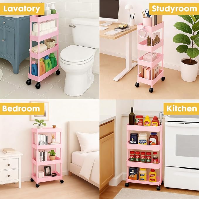 ShellKingdom 4 Tier Bathroom Storage Organizer, Slim Rolling Storage Cart for Narrow Space, Mobile Shelving Unit with Lockable Wheels and Hooks for Bathroom, Kitchen, Laundry Movable Shelf (Pink) - Image 2