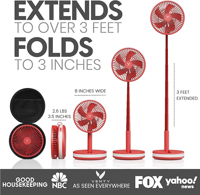 VENTY Portable Fan - Wireless Battery Operated Fan - 4 Speeds - LED Lighting - Carry Case & Remote Control - Cruise Travel - Outdoor Travel RV Power Bank With USB-C Port (Red with Case) - Image 2