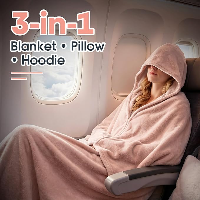 Hooded Wearable Fleece Travel Blanket Airplane with Snap Closure, Foldable Travel Pillow, Compact Carry Carabiner Strap, Soft 60''x50'' Fleece Blanket for Plane Office Gift(Pink) - Image 2