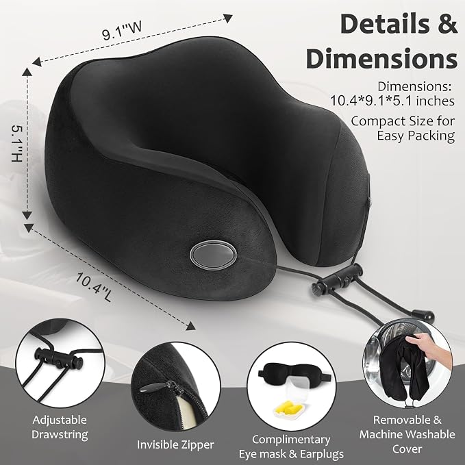 Memory Foam Travel Neck Pillow for Airplane, Neck Support, Black | Airplane neck pillow for long flights, breathable & washable cover, eye mask, earplugs, ergonomic support, compact travel bag - Image 4