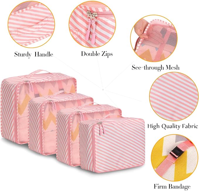 BAGAIL 8 Set Packing Cubes Luggage Packing Organizers for Travel Accessories-White and Pink Stripe - Image 4