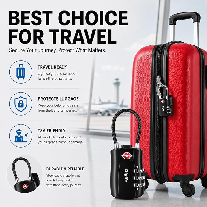 TSA Approved Luggage Locks, Diyife 2 Pack Combination Travel Cable Lock | 3-Digit Resettable Code Lock with Zinc Alloy Body for Suitcases Travel Backpack Bag Case Gym Locker, Black - Image 6