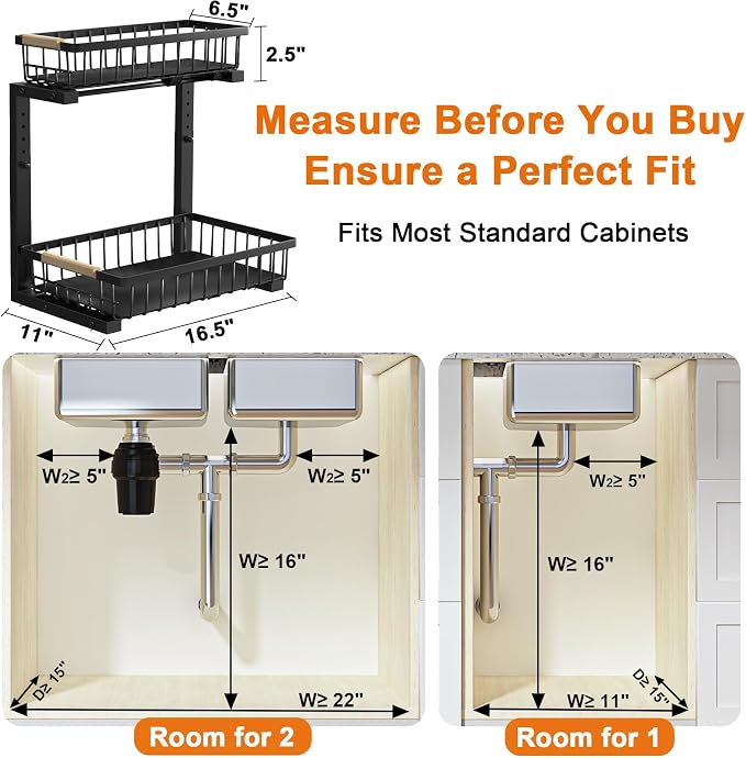 Under Sink Organizer, 2 Pack Height Adjustable Under Sink Organizers and Storage, 2 Tier Pull Out Drawer Cabinet Storage for Kitchen Bathroom - Image 2