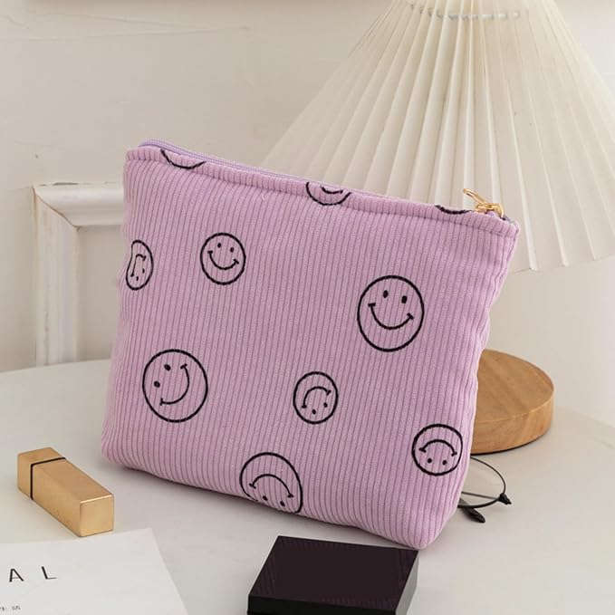 Cosmetic Bags for Women - Corduroy Cosmetic Bag Aesthetic Women Handbags Purses Smile Dots Makeup Organizer Storage Makeup Bag Girls Case Bags (Double Purple Green) - Image 4