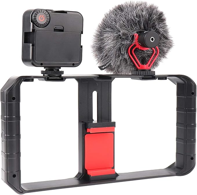 FocusFoto PRO U-Rig Smartphone Video Camera Cage Mount Holder Stabilizer Handle Grip with BOYA by-MM1 Microphone Mic+ 49 LED Light+ Mini Tripod Kit for Mobile Phone iPhone Filmmaking Videomaker - Image 5