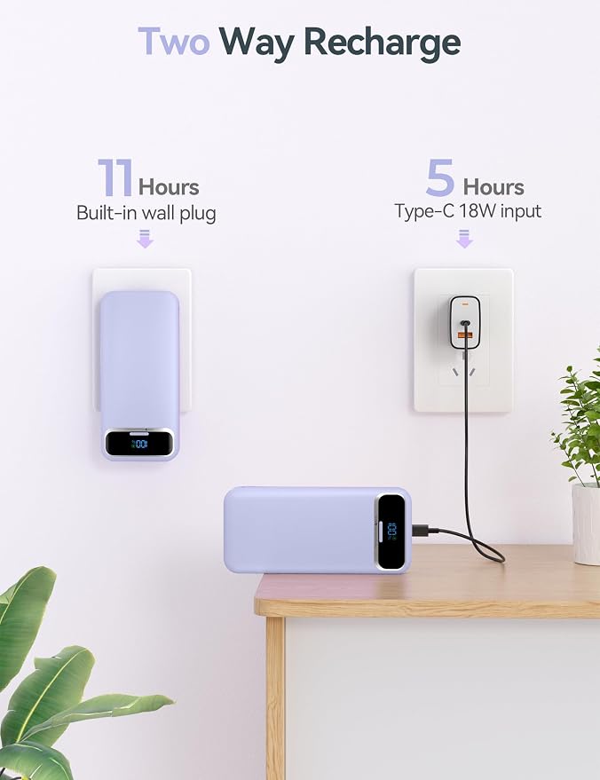 aonidi Portable Charger 20000mAh with Built-in Cables&AC Wall Plug, Purple | PD20W Fast Charging,Travel Essential,TSA Approved,LED Display,All in One USB C Power Bank for All Cell Phones Devices - Image 7