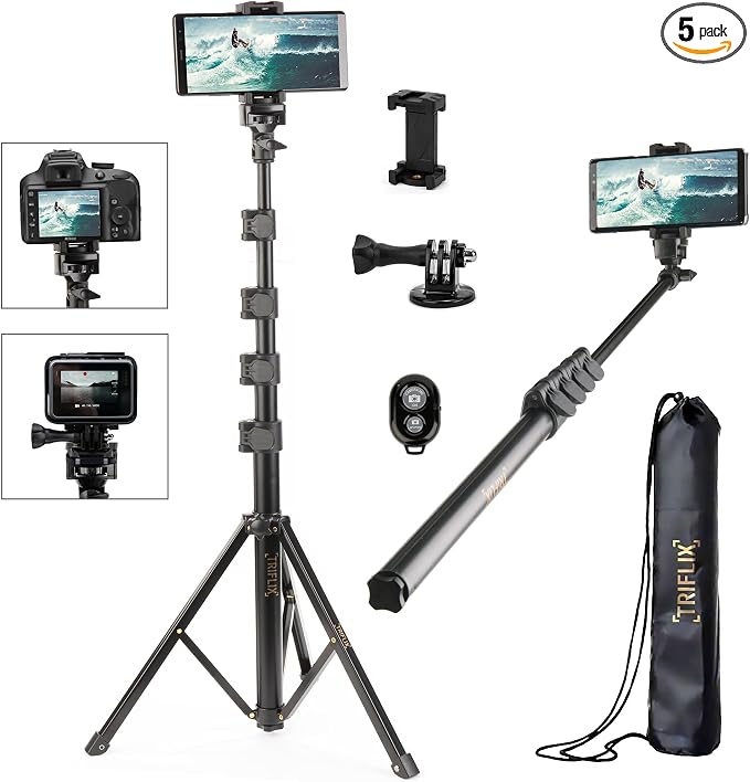 68" Phone Tripod Stand & Selfie Stick for iPhone/Samsung Extendable Travel Cell Phone Tripod with Wireless Remote & 360° Tripod for iPhone for Video Recording, Vlogging & Camera & Bag | TRIFLIX by Unknown