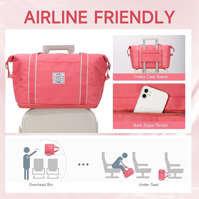 WALNEW Foldable Travel Duffel Bag, Weekender Bag for Women, Coral | Overnight Carry On Bag, Waterproof Gym Luggage with Metal Buckle Detachable Shoulder Strap and Wet Compartment - Image 5