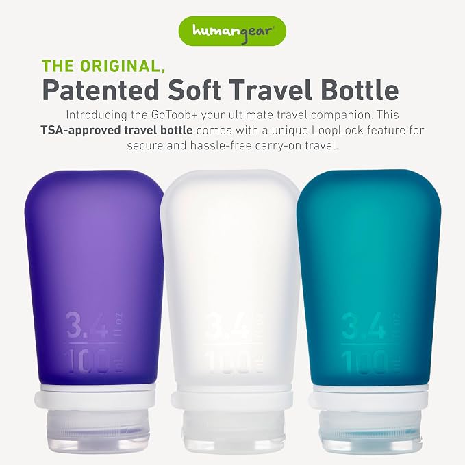 humangear GoToob+ 3-Pack, Large (3.4 fl oz), Clear/Purple/Teal | Refillable & Leak-Proof Silicone Travel Size Bottles with Locking Cap for Toiletries, Camping & TSA Carry-On - Image 2