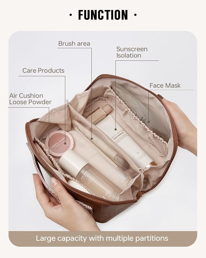 EACHY Travel Makeup Bag for Women, PU Leather Cosmetic Bag, Brown, Medium | Water-resistant PU leather exterior with flat-open access, clear TPU brush compartment and organized storage for cosmetics - Image 2