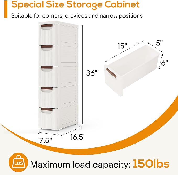 5 Drawers Slim Bathroom Storage Cabinet Dresser, Narrow Plastic Rolling Cart Organizer with Drawers, for Small Spaces, Kitchen, Laundry, Office, Bedroom, White - Image 2