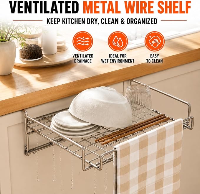 Kitchen Counter Extender, 1-Sec Foldable Over Cabinet Door & Drawer Organizer Shelf, No Drill Hanging Storage Rack Space Saver with Towel Bar for RV & Renters (Stainless Steel Silver) - Image 6