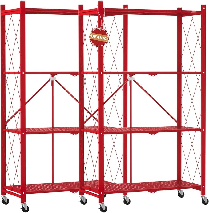 DEANIC 4 Tier Foldable Storage Shelves with Wheels, Large Capacity Shelving Unit, Freestanding Metal Wire Shelf Rack, No Assembly Organizer Rack for Garage Kitchen, Basement, Pantry(Red Pack of 2) by ShowNow