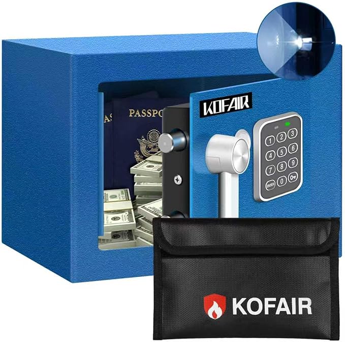 KOFAIR Safe Box for Home Safe (0.23 Cubic Feet) with Fireproof Bag, Personal Money Safe for Cash Saving, Mini Safey with Key, Digital Safety Box with Light, Money Lock safey (Blue) by KOFAIR