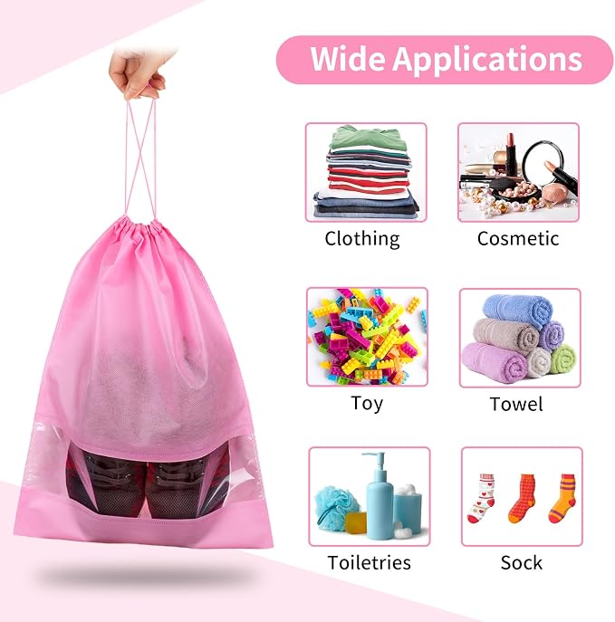 12 Pack Shoe Bags for Travel, Large Travel Shoe Bag for Packing with Window | Dustproof Drawstring Travel Shoe Storage Bags Travel Essentials for Men & Women, Pink - Image 5