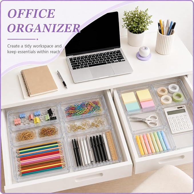 Clear Expandable Drawer Organizer Set, 16PCS Adjustable Drawer Organizers for Makeup, Cosmetics, Jewelry, Skincare, Bathroom, Kitchen & Dresser Storage, Transparent PET Drawer Storage Bins, 2 Sizes - Image 6