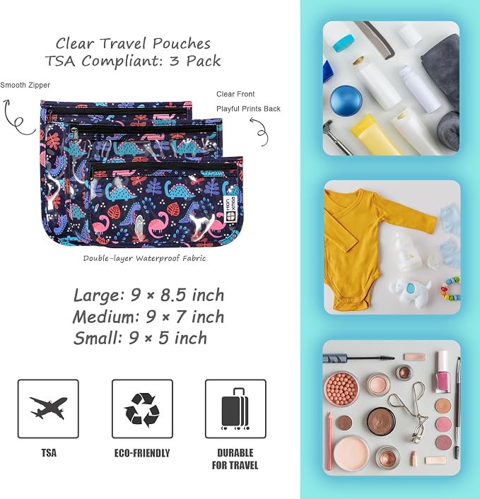 HIONXMGA Set of 3 Clear Travel Toiletry Bag, TSA Approved, Quart Size S/M/L | Clear Front Zipper Pouches Waterproof Cosmetics Bags for Women Kids Toiletries Baby Essentials Well-Organized Carry, Dinosaur - Image 2