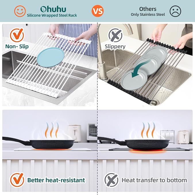 Ohuhu Over Sink Dish Drying Rack, 17.6" W x 15.4" L Roll Up Dish Racks Kitchen Sink Organizer Silicone Wrapped Large in Sink Dish Drying Rack Foldable Rolling Drain Mats Anti-Slip - Image 7