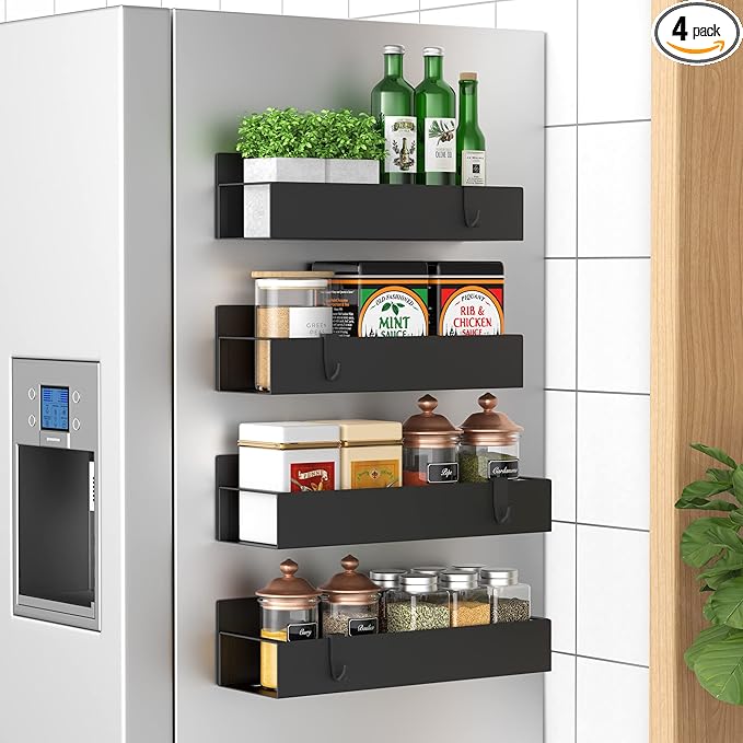 HuggieGems Metal Magnetic Spice Rack for Refrigerator with Hooks Matt Black | Magnetic Shelves Heavy Duty for Fridge in Kitchen, Seasoning Storage Organizer, For Oven Washer and Dryer, For Heavier Items by HuggieGems