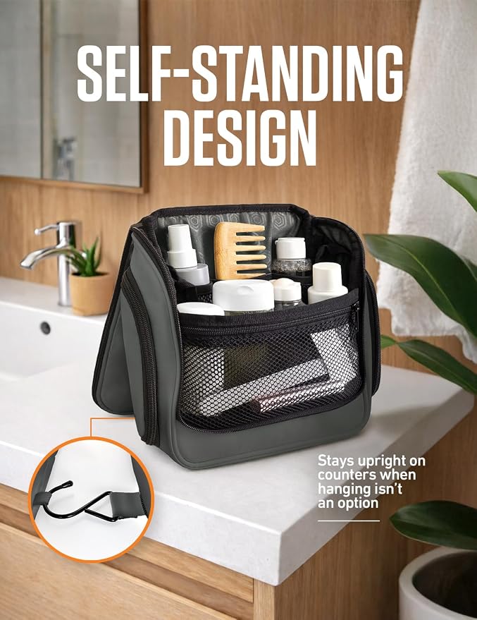 VENTURE 4TH Hanging Travel Toiletry Bag, 18 Compartments - Shadow Gray | Hangs on rails, hooks or doors; stands upright. Removable TSA pouch. Water-resistant Nylon 290D Twill, reinforced stitching. - Image 5