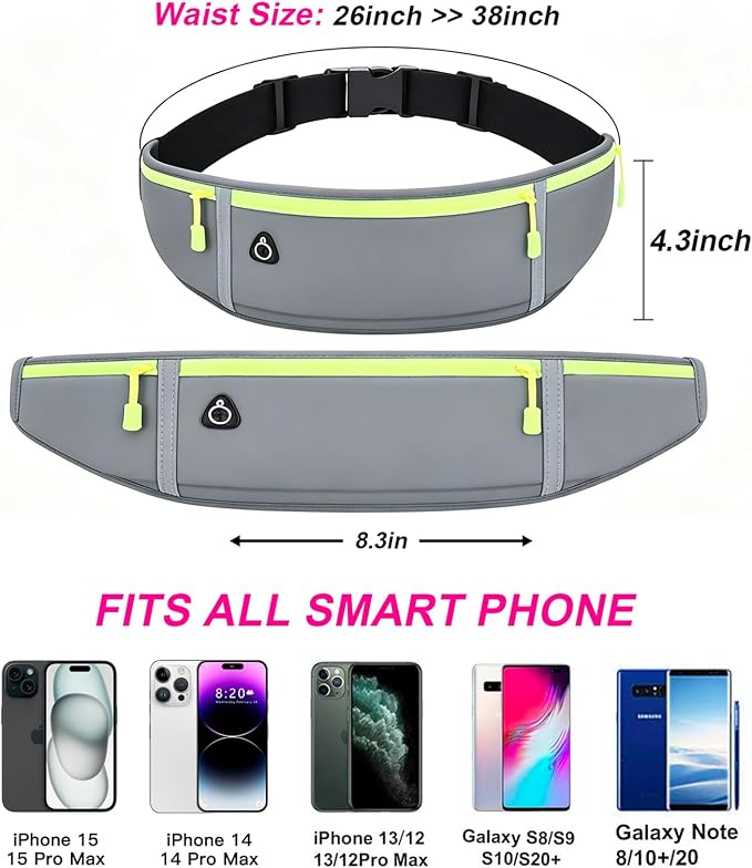 Slim Running Belt for Women Men,Runners Fanny Pack Phone Holder,Money Belt,Running Gear Accessories,with 3 Pockets (Green-gray) - Image 2