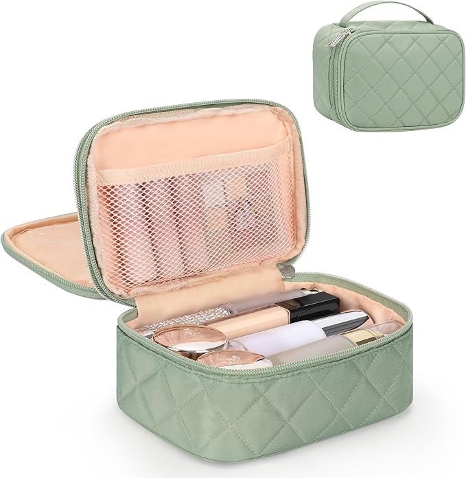 Relavel Travel Makeup Bag, Cosmetic Bag for Girls with 2 Makeup Brush Holders, Portable Makeup Pouch for Women, Cute Toiletry Bag with Double Layer Organizer - Green | Compact Makeup Pouch for Short Trip, Cute Toiletry Bag with Double Layer Organizer -... by Relavel