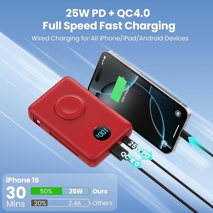Magnetic Portable Charger 10800mAh with Built-in Cables,Wireless Power Bank for Magsafe,25W PD Fast Charging USB-C Travel Essentials Battery Pack for iPhone 17/16/15/14/13/12 Series,Apple Watch-Red - Image 4