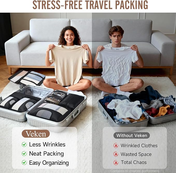 Veken 9 Set Packing Cubes for Travel,Anti-Wrinkle Buckled Suitcase Organizer with Shoe,Toiletry,Makeup Bag,Carry On Luggage Bag with 99+ Count Mesh Holes for Airplane & College Dorm Essentials - Image 7