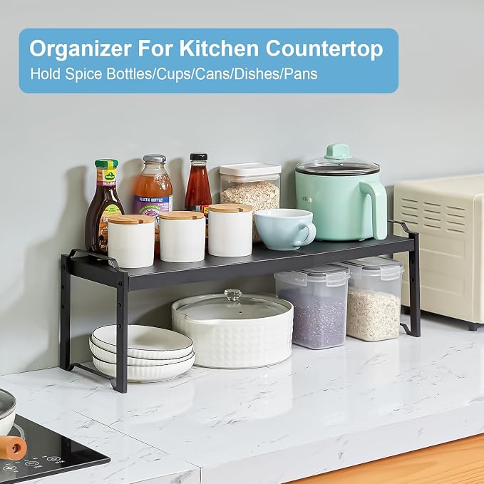 4 Pack Kitchen Cabinet Shelves Organizers, Kitchen Counter Storage Shelf Spice Rack, Expandable Length, Adjustable Height, Stackable, Sturdy 30LBS Bearing, Small Cupboard Tabletop Organizer Shelf Rack - Image 8