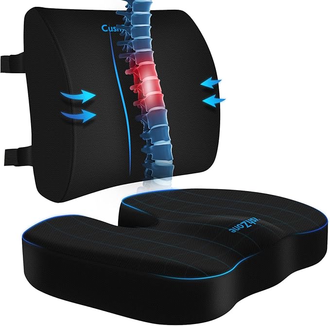 CushZone Seat Cushion and Lumbar Support Pillow for Office Chair, Black | Ergonomic Memory Foam for Sciatica Pain Relief & Posture Correction; Non-Slip Chair Cushions for Car, Wheelchair and Travel by CushZone