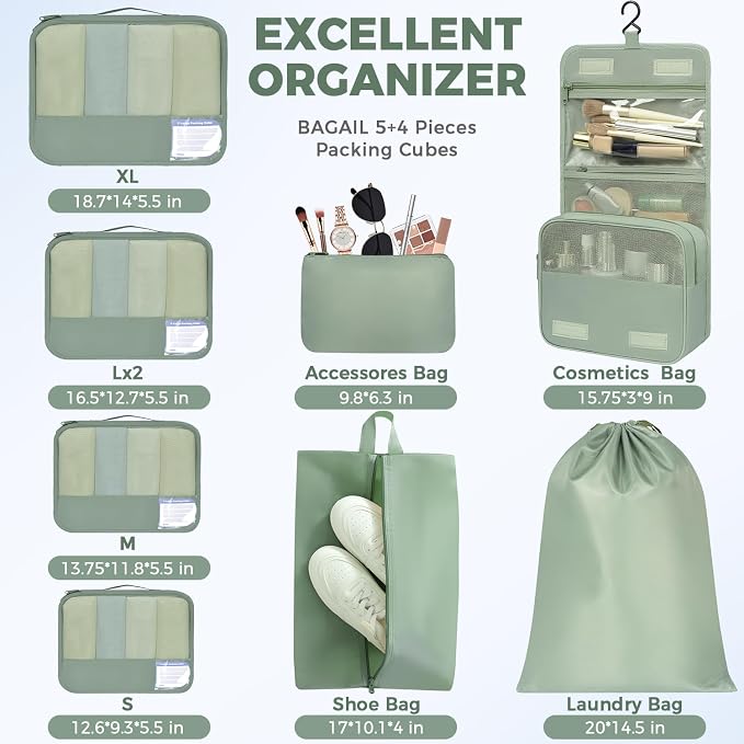 BAGAIL 9 Set Packing Cubes with Packing List Luggage Packing Organizers for Travel Accessories (Matcha Green) - Image 5