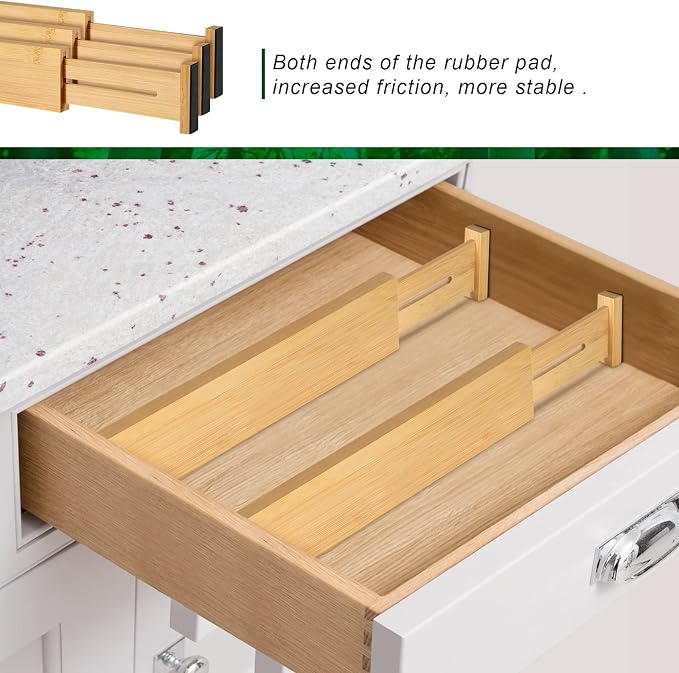 4 Pack Bamboo Drawer Dividers 2.6" High, Adjustable from 12 Inch to 17 Inch | Expandable Kitchen Drawer Organizer Separators for Clothes, Kitchen, Bedroom, Dresser, Office (Beige) - Image 7