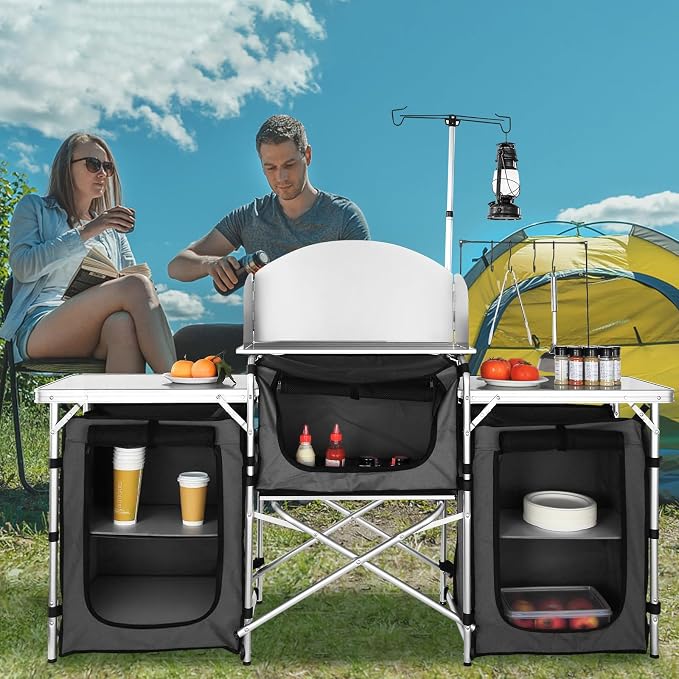 VEVOR Camping Kitchen Table, Folding Outdoor Cooking Table with Storage Carrying Bag, Aluminum Cook Station 3 Cupboard & Detachable Windscreen, Quick Set-up for Picnics, BBQ, RV Traveling, Black | Portable Lightweight Setup, Storage Pockets, Sturdy Cor... - Image 2