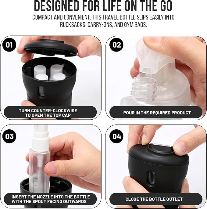 Travigo 4-in-1 Travel Dispenser Bottle, TSA Approved, Leak Proof, Four Reusable 1.4 oz. (40 mL) Toiletry Containers for Shampoo, Conditioner, Soap, Lotion, Skincare (Black) - Image 4