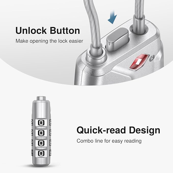 Puroma 2 Pack TSA Approved Luggage Locks 4 Digit Code Cable Lock Silver | Resettable, Flexible Cable, Zipper holes, Zinc Alloy, Bright Color, Large White Numbers, Suitcase Train Travel, laptop bag - Image 4