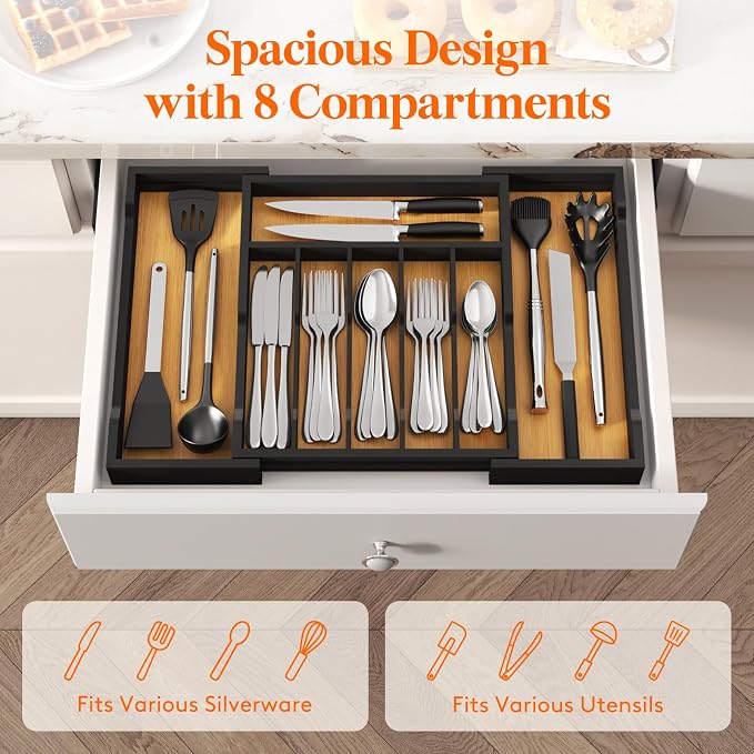 Lifewit Silverware Drawer Organizer, Wooden Utensil Tray for Kitchen | Expandable Flatware and Cutlery Holder, Adjustable Storage for Spoons Forks Knives, 13-22x15", Natural and Black - Image 4