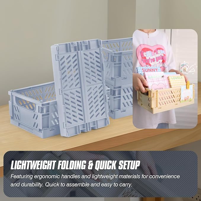 4 Pcs Collapsible Storage Crates, 10x5.9x4 inches Space-Saving Folding Containers, Stackable Plastic Boxes for Home Kitchen Office Bedroom Bathroom, Light Blue - Image 3