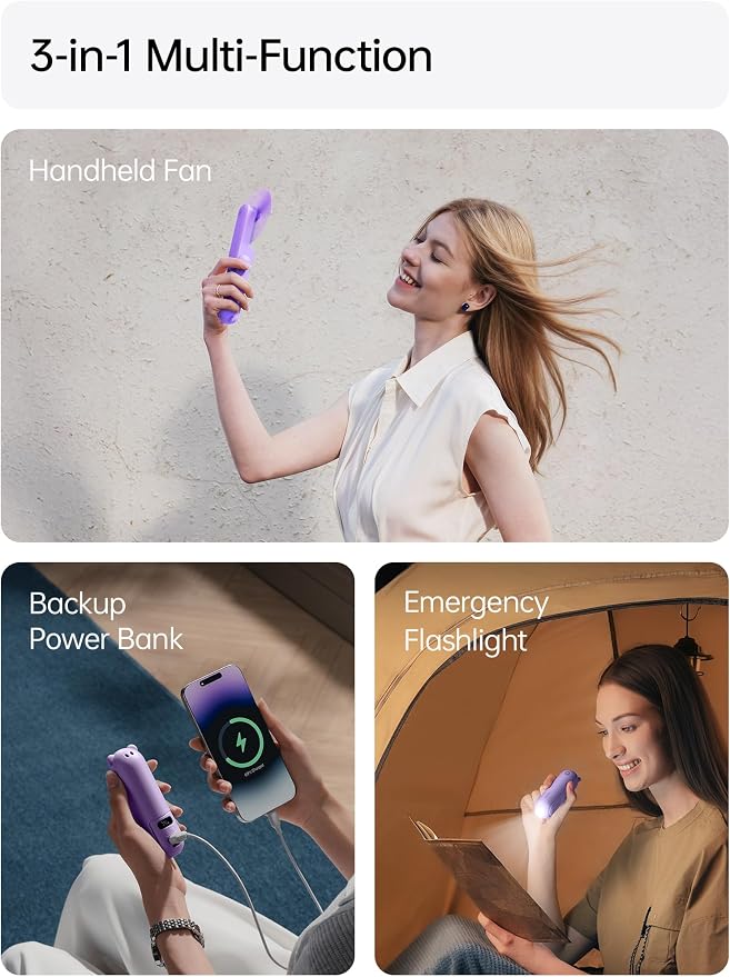 JISULIFE Portable Handheld Fan, 3 In 1-Fan, Power Bank, Flashlight, Purple | Mini Cooling Essential for Outdoor, Small, On-the-Go Pocket Hand Design, 24 Hours, Auto Shut-Off Safety Soft Blade - Image 3