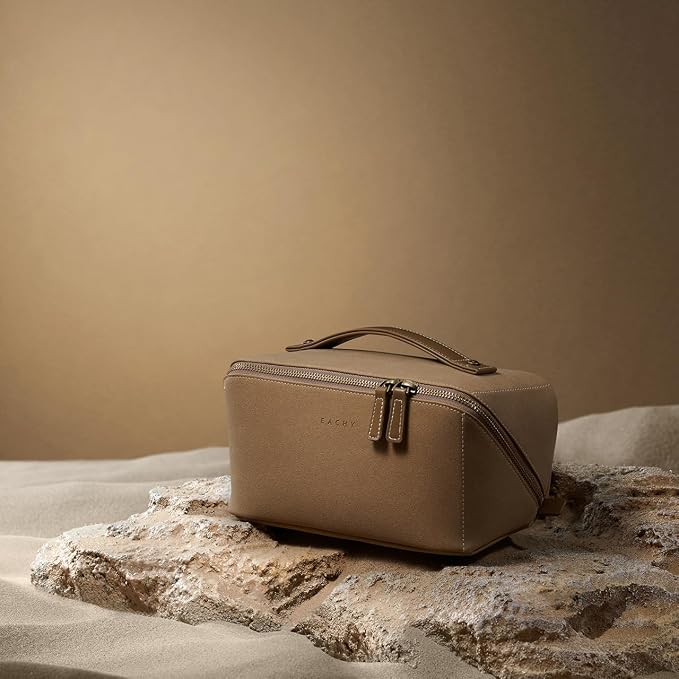 EACHY Travel Makeup Bag for Women, Faux Suede Cosmetic Bag, Khaki, Medium | Faux suede organizer with flat-open access, clear TPU brush pocket and carry handle for daily makeup, toiletries and travel - Image 7