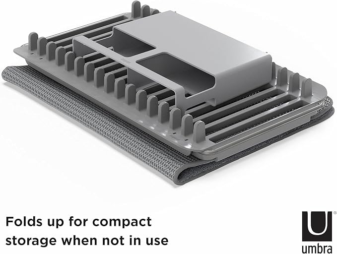 Umbra Udry Dish Drying Rack, Over Sink Foldable, 16 Slots, Dark Grey | Absorbent microfiber mat, arms extend 13 to 22 inches, utensil caddy included, machine washable - Image 6
