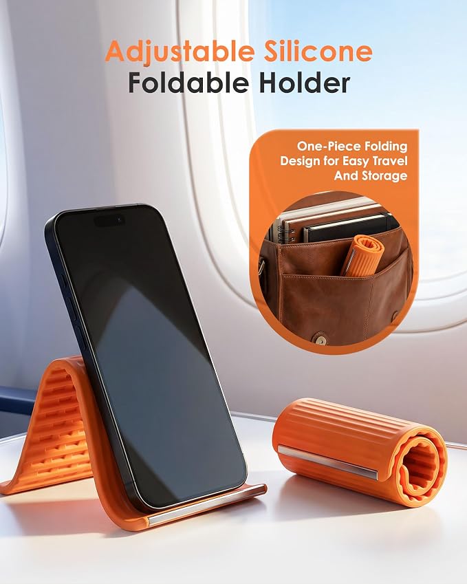 Airplane Phone Holder, Flexible Silicone Aluminum Phone Holder | Folding Cellphone Stand for Desk, Bed, Office, Treadmill - Airplane Gadgets for Long Travel Accessories - Plane Essential - Image 2