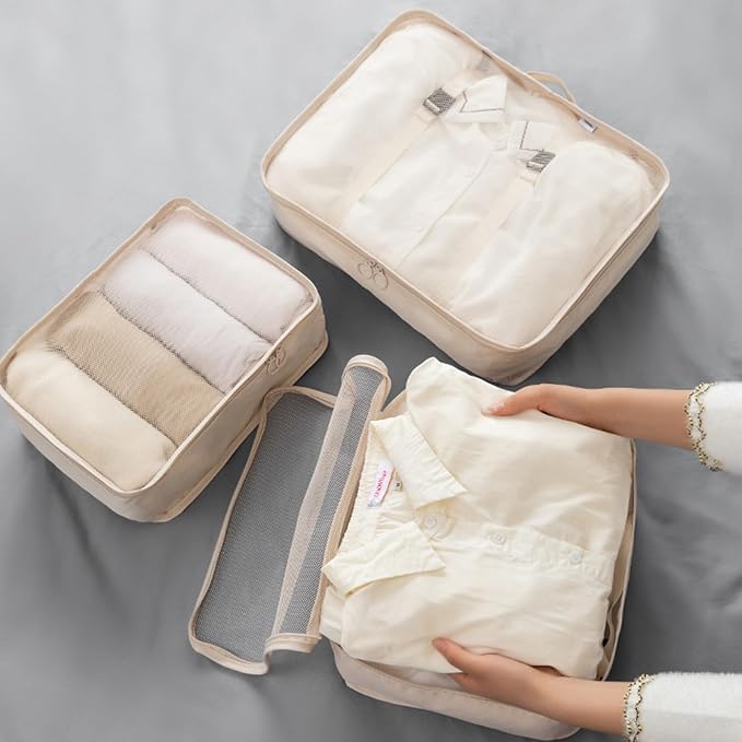 8 Set Packing Cubes for Suitcases, INVODA Travel Luggage Packing Organizers with Laundry Bag, Compression Storage Shoe Bag, Clothing Underwear Bag (Beige) - Image 7