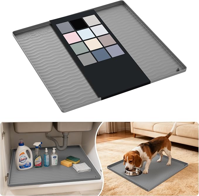 URMONA Waterproof Silicone Under Sink Mat 19'' x 19'' Shelf Liner for Kitchen and Bathroom, Cabinet and Counter Protector, Storage and Organizers, Litter Mat, Pet Cat Puppy Essentials(Beige) by URMONA
