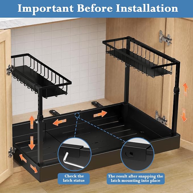 Aisslro Under Sink Organizer, 2 Tier Pull Out Cabinet Organizer, Expandable & Adjustable Slide Out Shelf 13.2''–20.3'', Under Sink Storage for Kitchen Bathroom Laundry Cabinet Storage, Black - Image 8