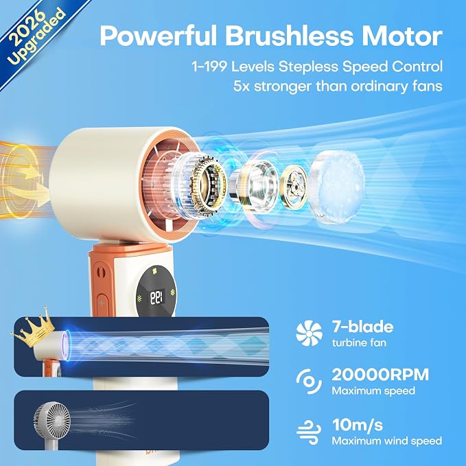6000mAh Portable Handheld Fan with Ice Cooling, 199 Levels Stepless Speed, 20H Long Battery Life, 20000RPM Turbo Fan Rechargeable Personal Mini Fan for Travel, Outdoor, Makeup - Image 3