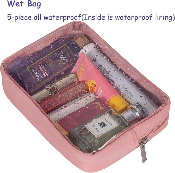 Remobia Hicol TSA Approved 5-Piece Diaper Bag Organizer Pouch Set Clear Waterproof TPU Kids Toiletry Storage Set Travel Packing Clutch Cube Bags for Baby Nursing (Pink Leather) - Image 4