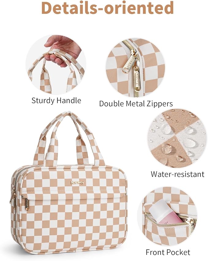Narwey Hanging Toiletry Bag for Women Checkered Travel Makeup Bag Organizer Cosmetic Make up Toiletries Bag for Travel Essentials Accessories (Light Brown Checkerboard, Medium) - Image 4