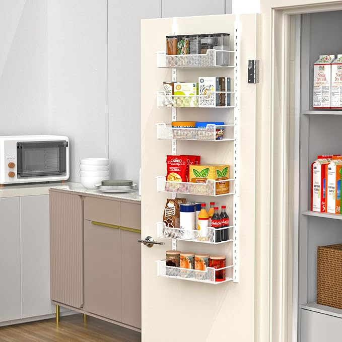 VyGrow 12.3" W Narrow Over the Door Pantry Organizer, 6-Tier Over the Door Organizer with Adjustable Basket, Pantry Door Organization for Pantry Kitchen Storage Room Spice Rack, White - Image 6